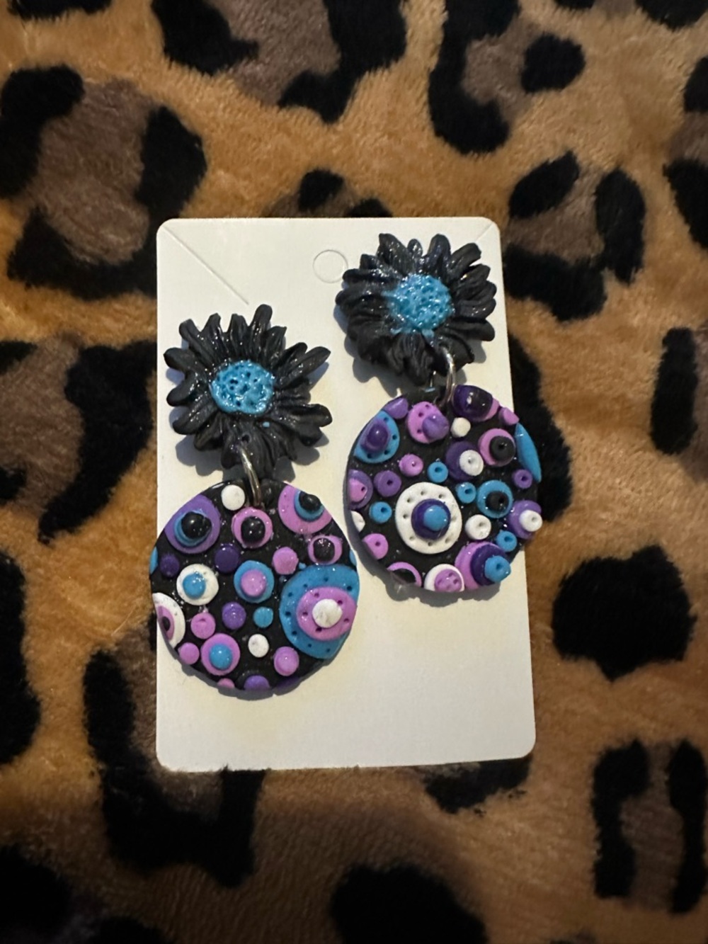 Handcrafted Black Floral Drop Earrings with Purple & Blue Accents